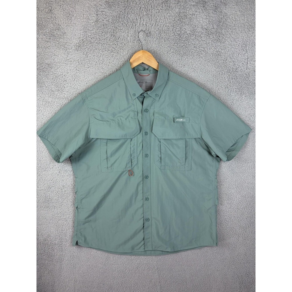 Eddie Bauer Mens Large Green Short Sleeve Vented Fishing Button Up Shirt